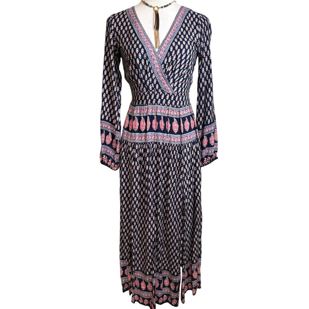 Anthropologie Raga Paisley Block Print Long Sleeve Maxi Dress S Boho Stretch